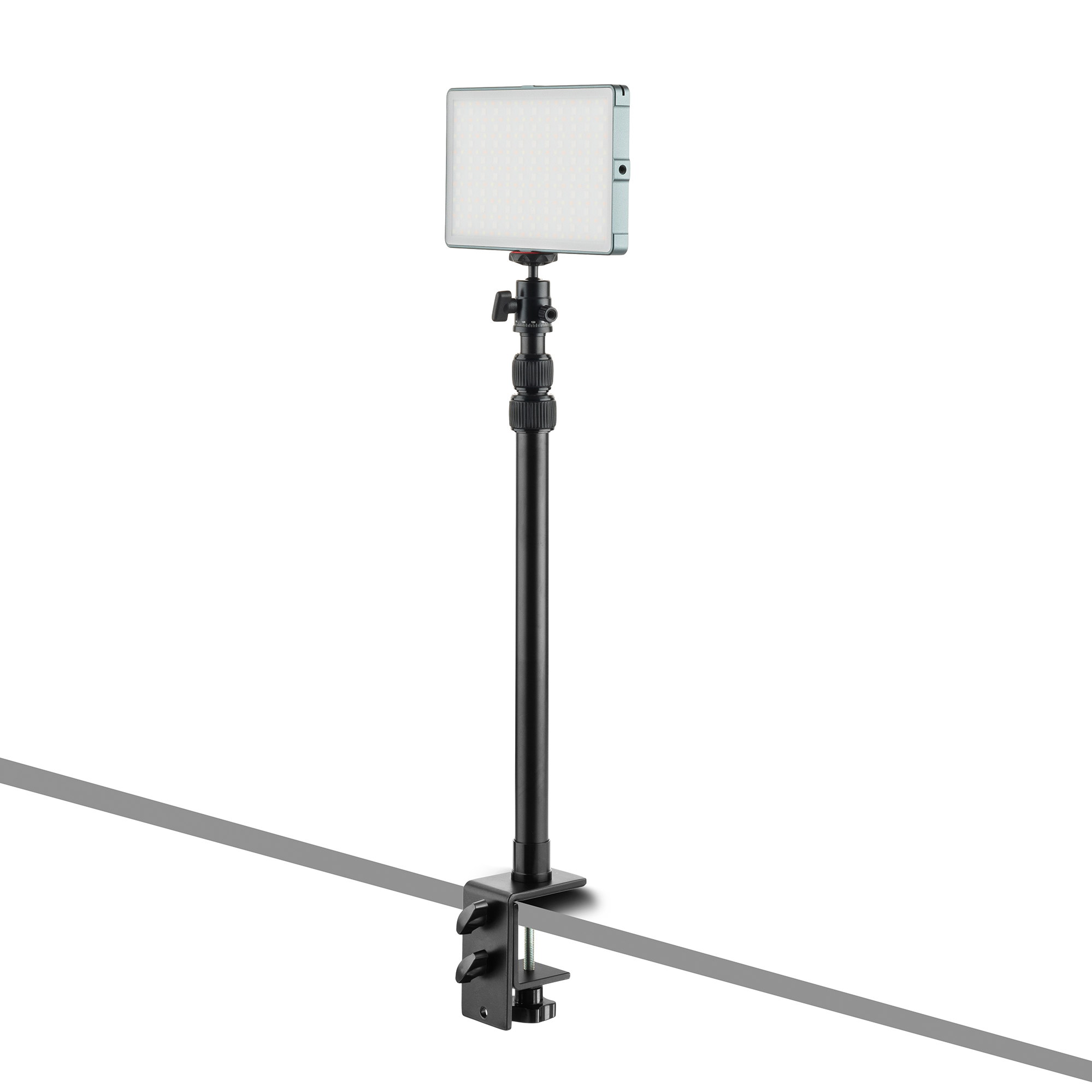LED light mounted on a black stand, with a clamp, on a white background.