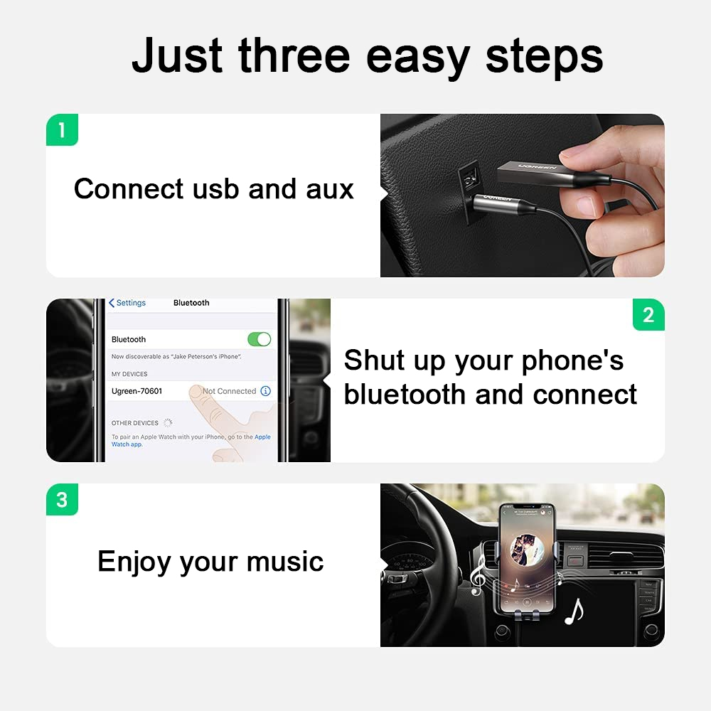Dreistufige Anleitung: USB und AUX anschließen, Bluetooth einschalten, Musik im Auto genießen.
