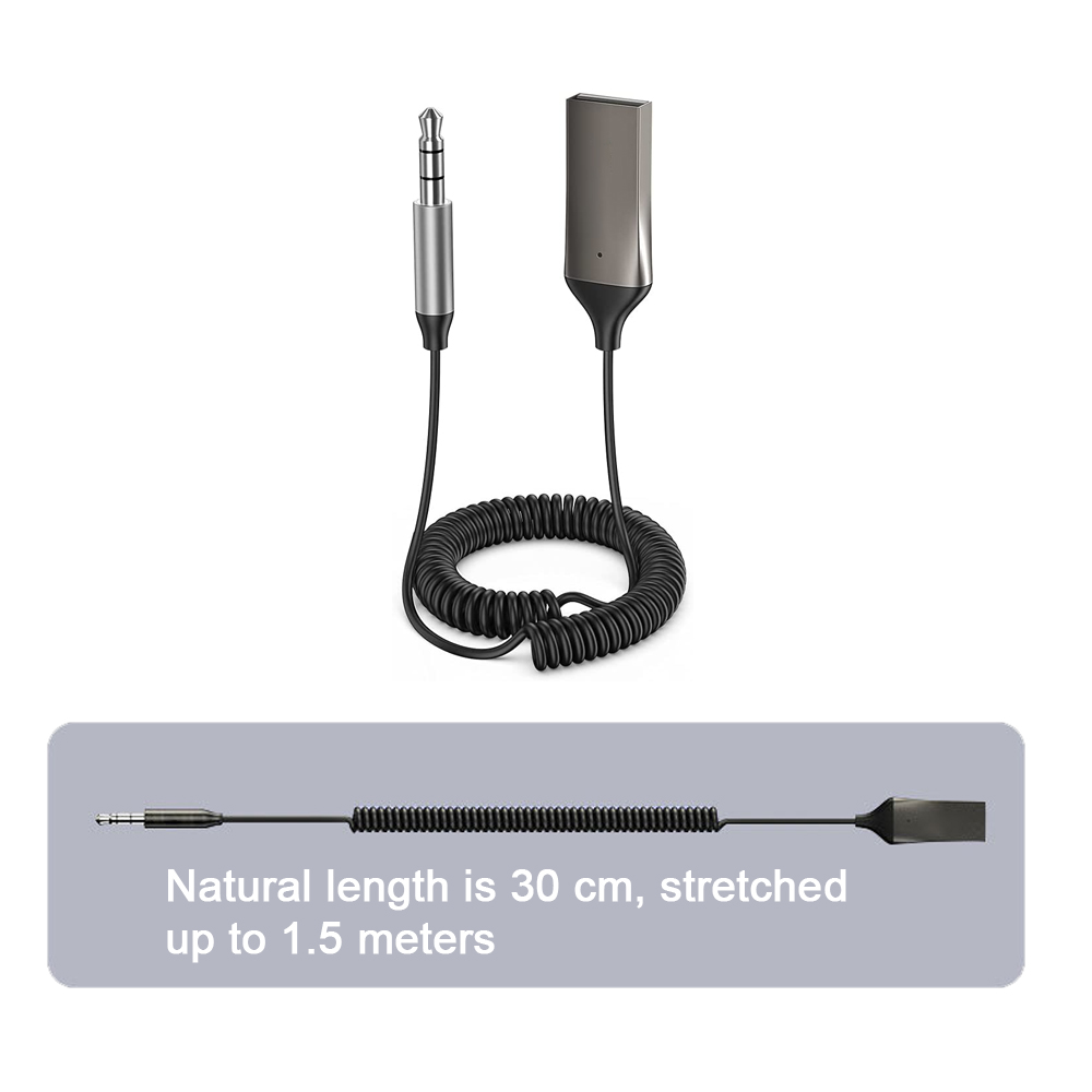 Schwarzes Kabel mit 3,5-mm-Klinke und Adapter. Die natürliche Länge beträgt 30 cm, gedehnt bis 1,5 Meter.
