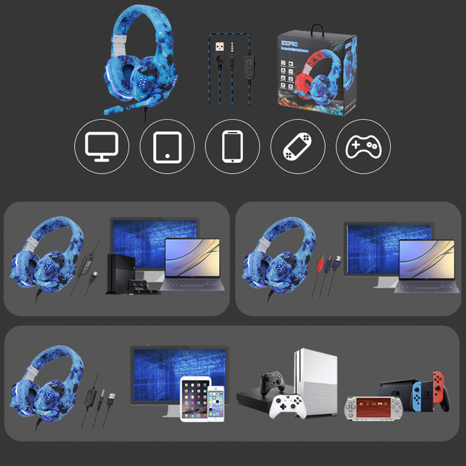 Auriculares con diseño azul, cables y una caja con auriculares y consolas y dispositivos de juego.