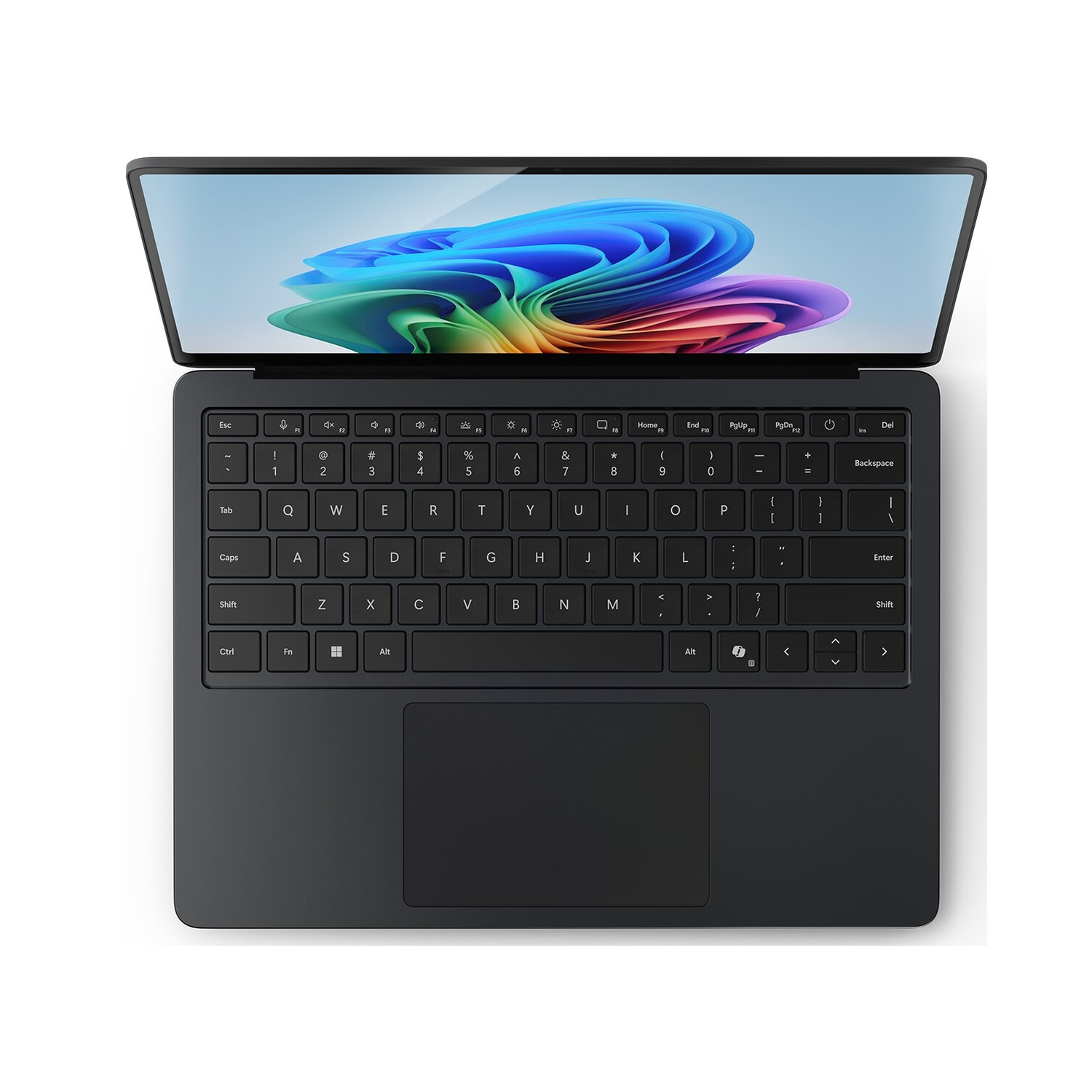Un laptop nero, aperto con uno sfondo desktop colorato.
