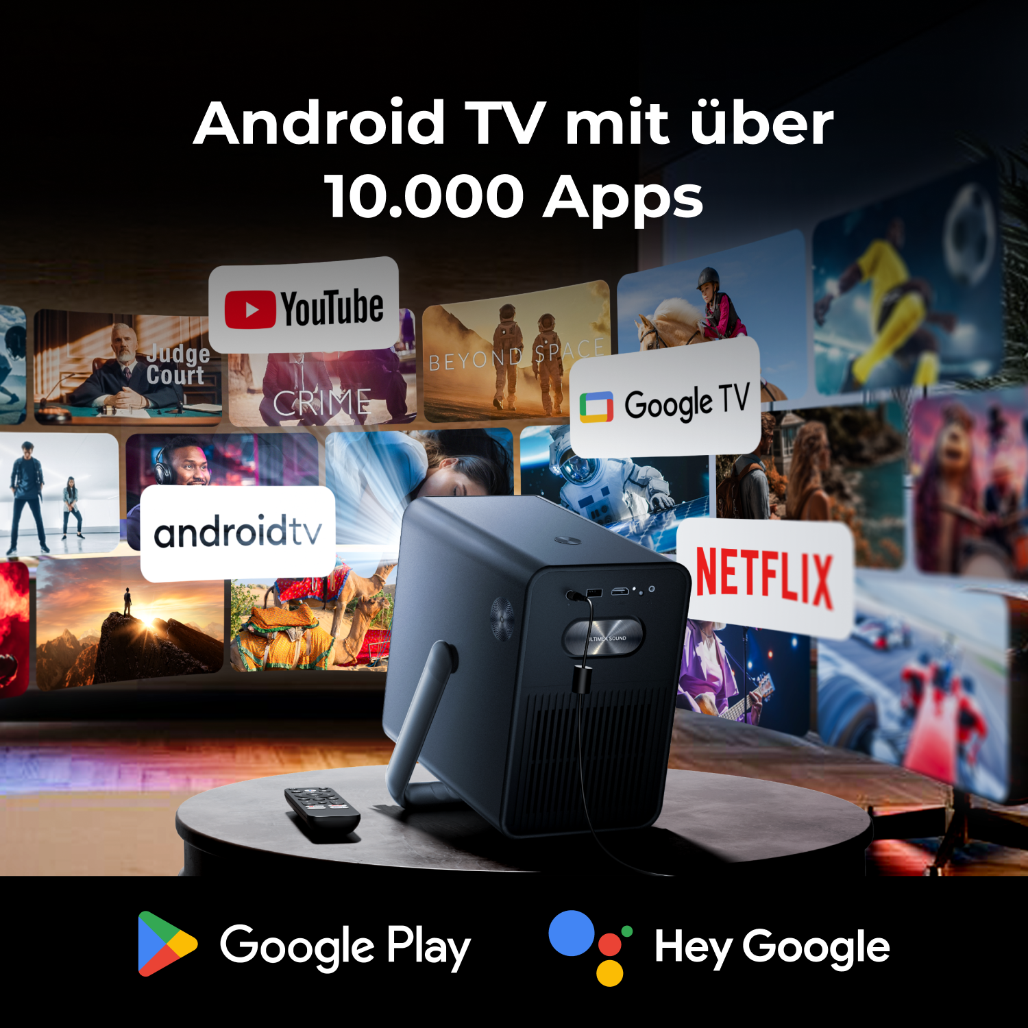 Ein schwarzer Projektor wird mit App-Symbolen um ihn herum angezeigt. Text sagt: Android TV mit über 10.000 Apps.
