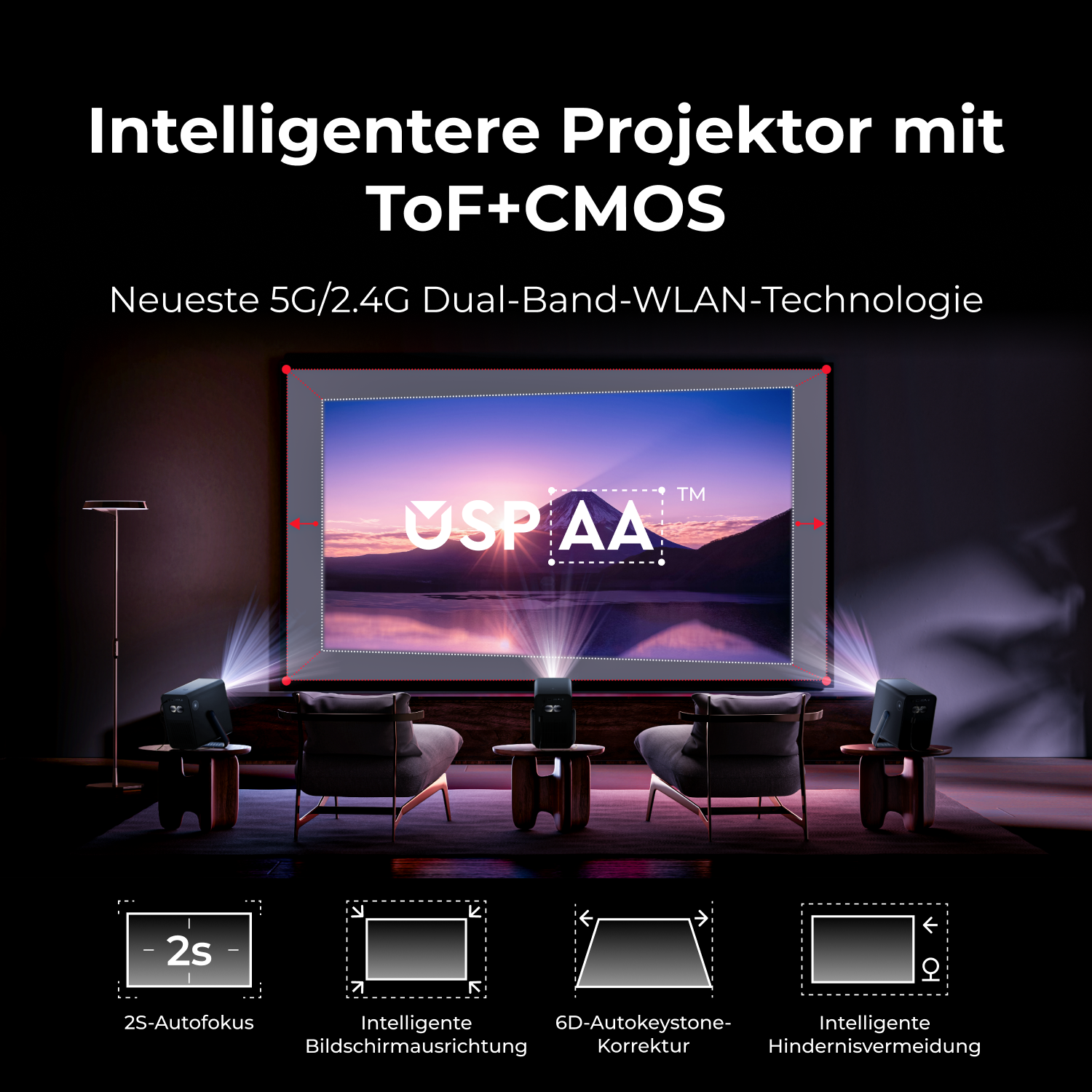 Projektor mit Personen vor einer Leinwand, Bergansicht.
