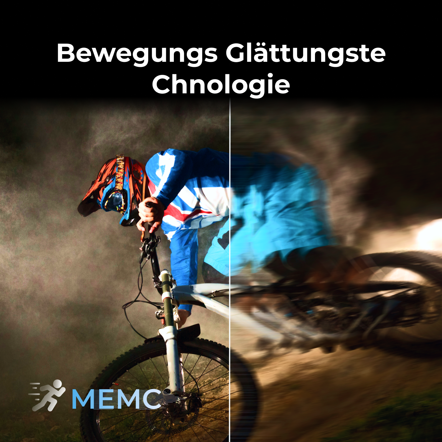 Ein Radfahrer auf einem Mountainbike, die rechte Seite zeigt Bewegungsunschärfe. Der Text lautet: Bewegungs Glättungstechnologie.