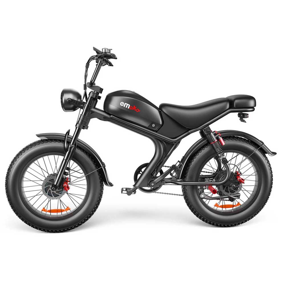 Bicicleta eléctrica negra con diseño de motocicleta, neumáticos negros y asiento único.
