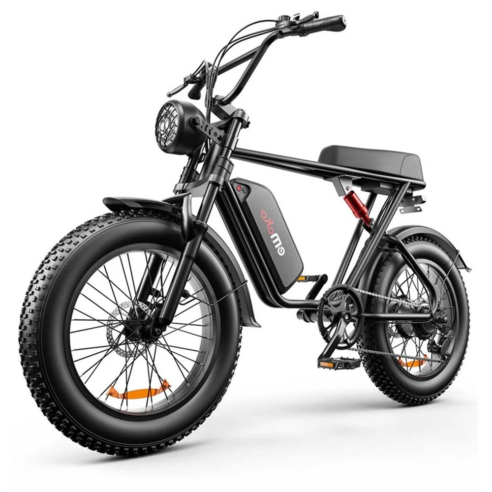 Bicicleta eléctrica negra con diseño retro, aislada sobre blanco. Cuenta con un faro negro y la marca emoto.