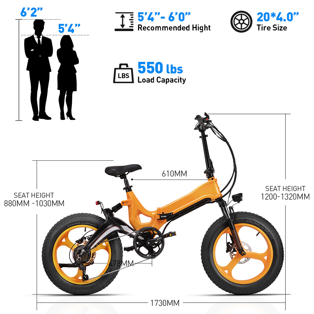 Diagramm eines orangenen Fahrrads mit Abmessungen, Sitzhöhe, empfohlener Fahrergröße und Tragfähigkeit.