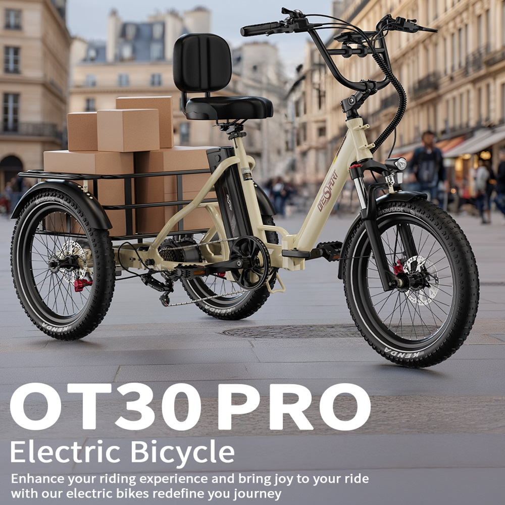 Triciclo elettrico crema con scatole, sfondo urbano, testo: "OT30 PRO Electric Bicycle".