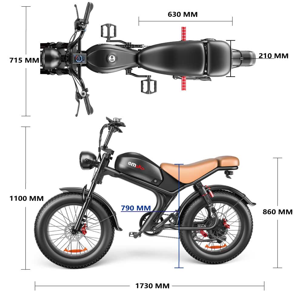 Vista superior y lateral de una motocicleta eléctrica negra con etiquetas de dimensiones. Muestra medidas en milímetros.