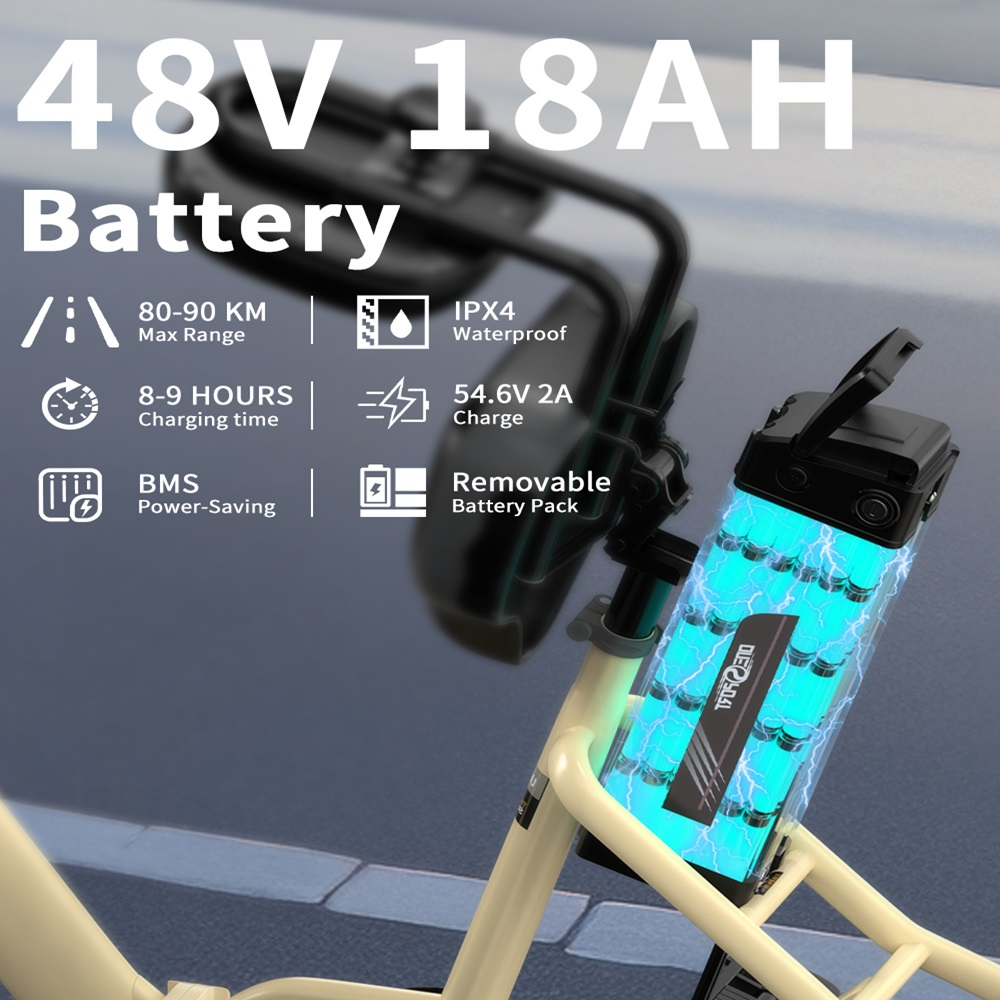 Primo piano della batteria di una bici elettrica con testo. La batteria è rimovibile.