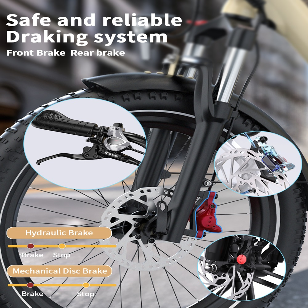 Primo piano della ruota anteriore di una bici, che mostra sistemi di freni a disco idraulici e meccanici con etichette.