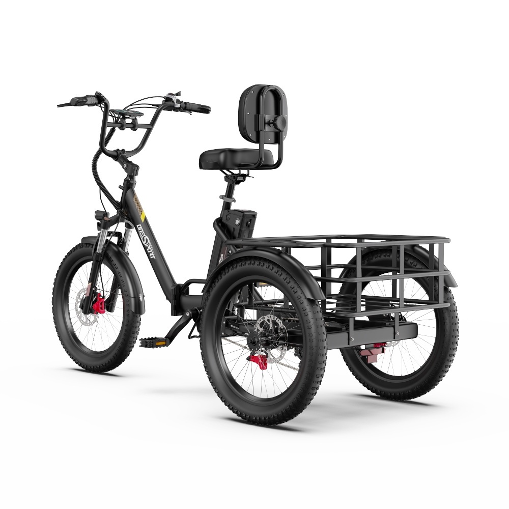 Schwarzes Elektro-Trike mit Gepäckkorb und roten Bremssätteln auf weißem Hintergrund.