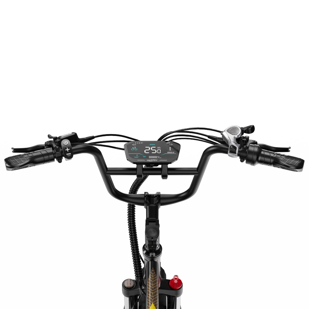 Primo piano del manubrio di una bici, con display digitale e comandi.