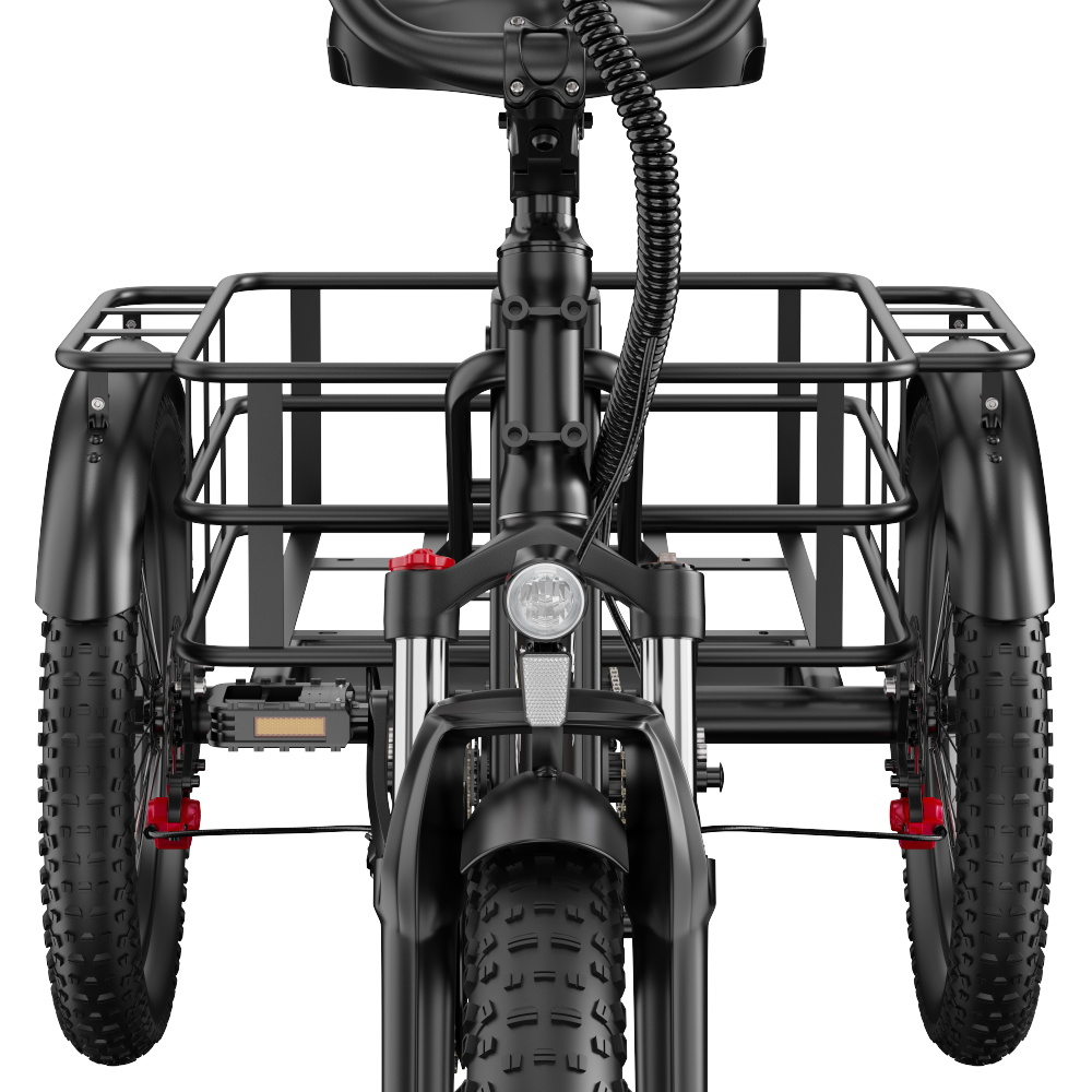 Vista frontale di una e-bike cargo nera, che mostra pneumatici, cestino e manubrio.