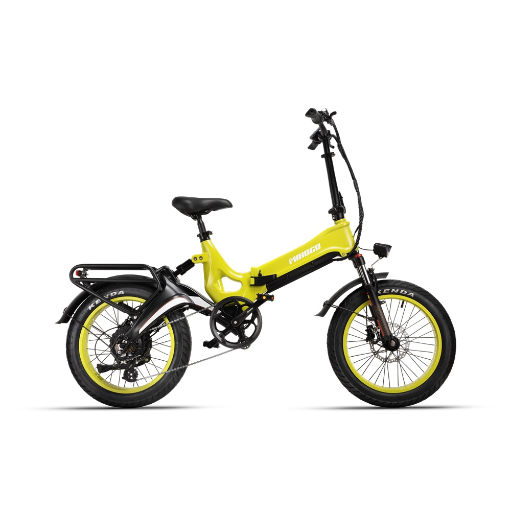 Gelbes E-Bike auf weißem Hintergrund, Seitenansicht. Hat schwarze Reifen, Sitz und Gepäckträger.
