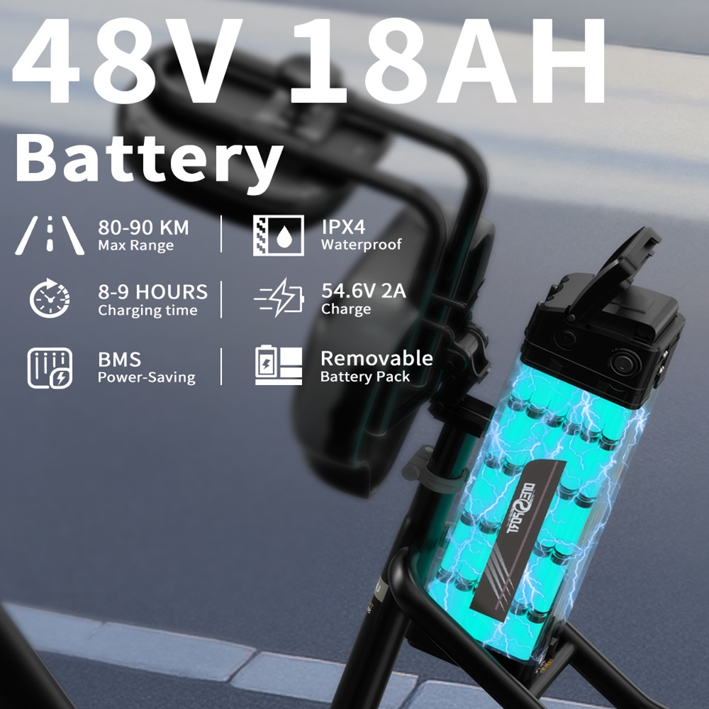 Immagine di un pacco batteria nero con luci blu e testo che ne descrive le caratteristiche.