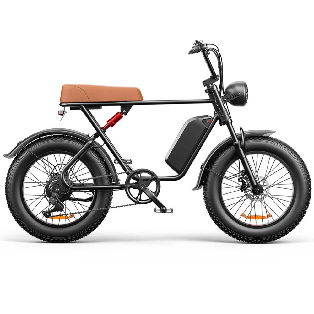 E-bike negro con asiento marrón, aislado en blanco. Diseño retro y neumáticos anchos.