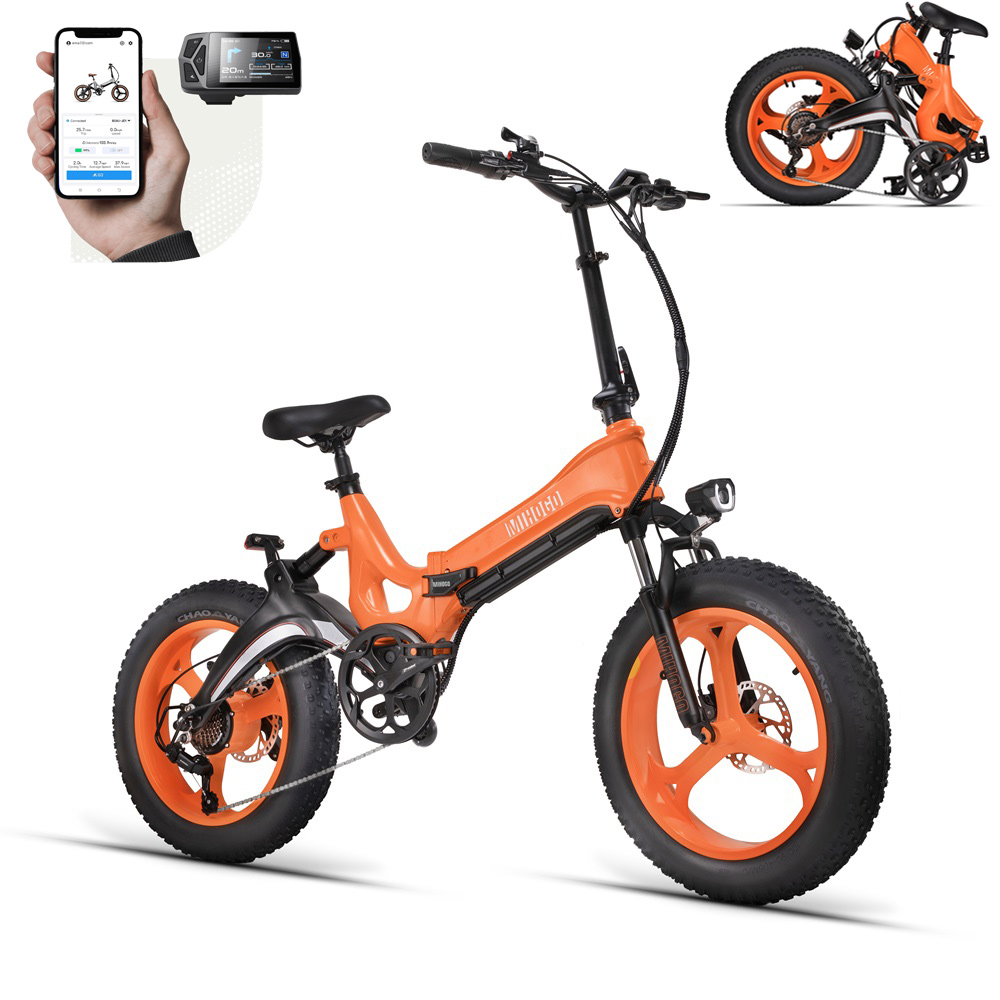 Oranges E-Bike mit mehreren Ansichten: Seite, gefaltet und App-Oberfläche auf einem Telefon.