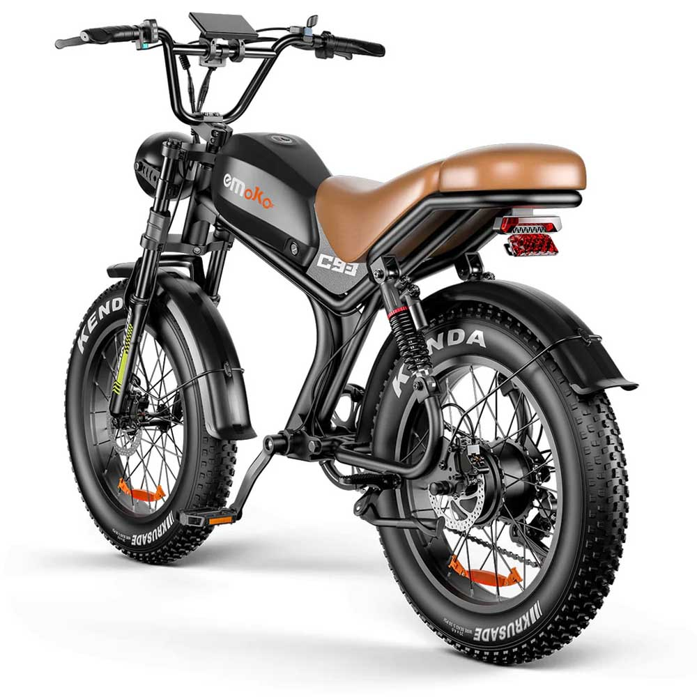 E-bike negra con asiento marrón, sobre fondo blanco.
