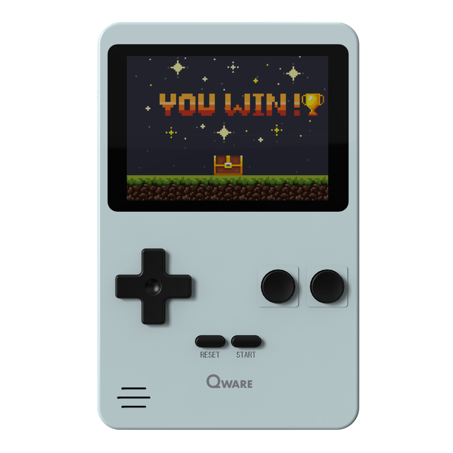 Eine hellblaue Handheld-Konsole, die ein pixeliges Spiel mit 'YOU WIN!' anzeigt.