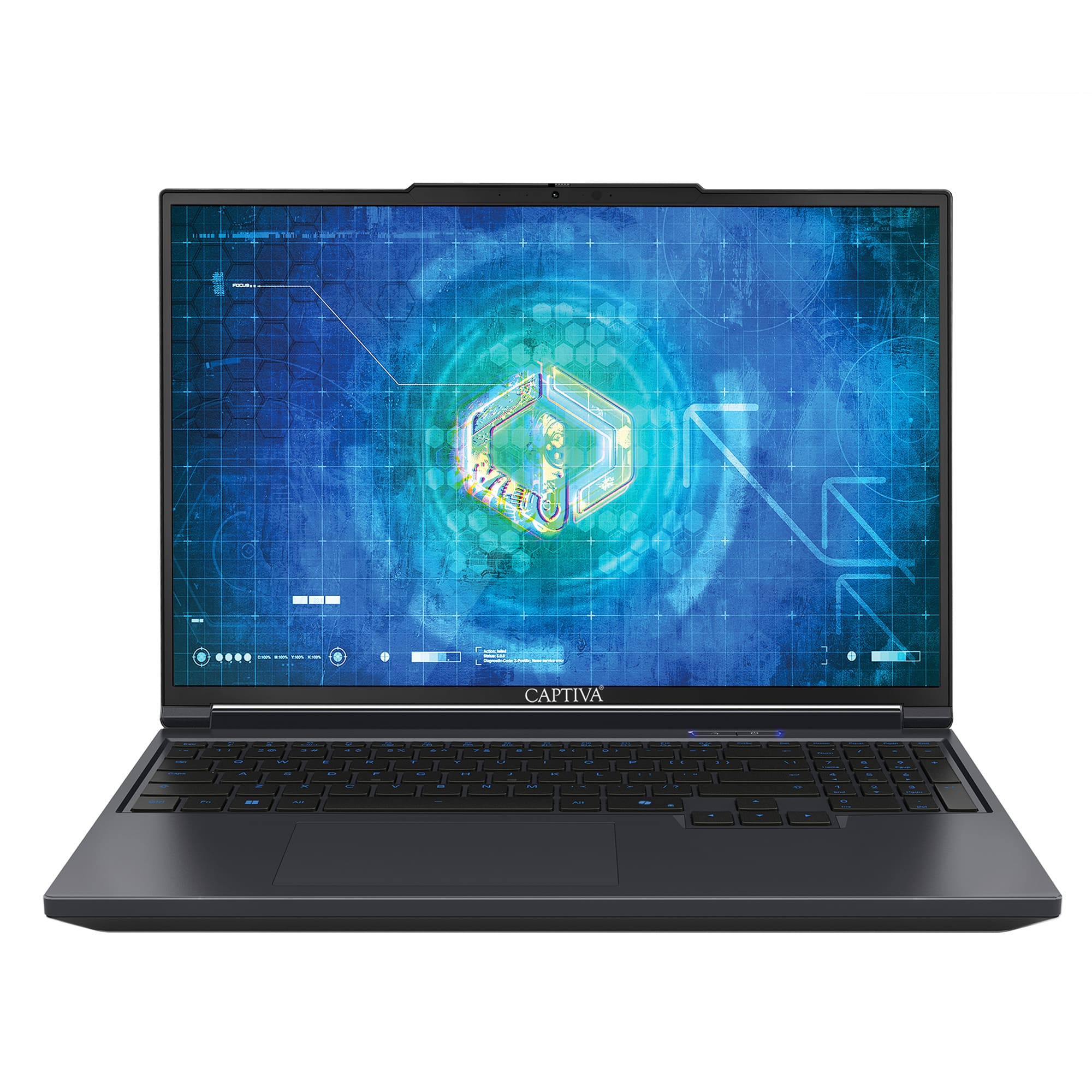Czarny laptop z niebieskim świecącym ekranem, marka 'CAPTIVA', białe tło.