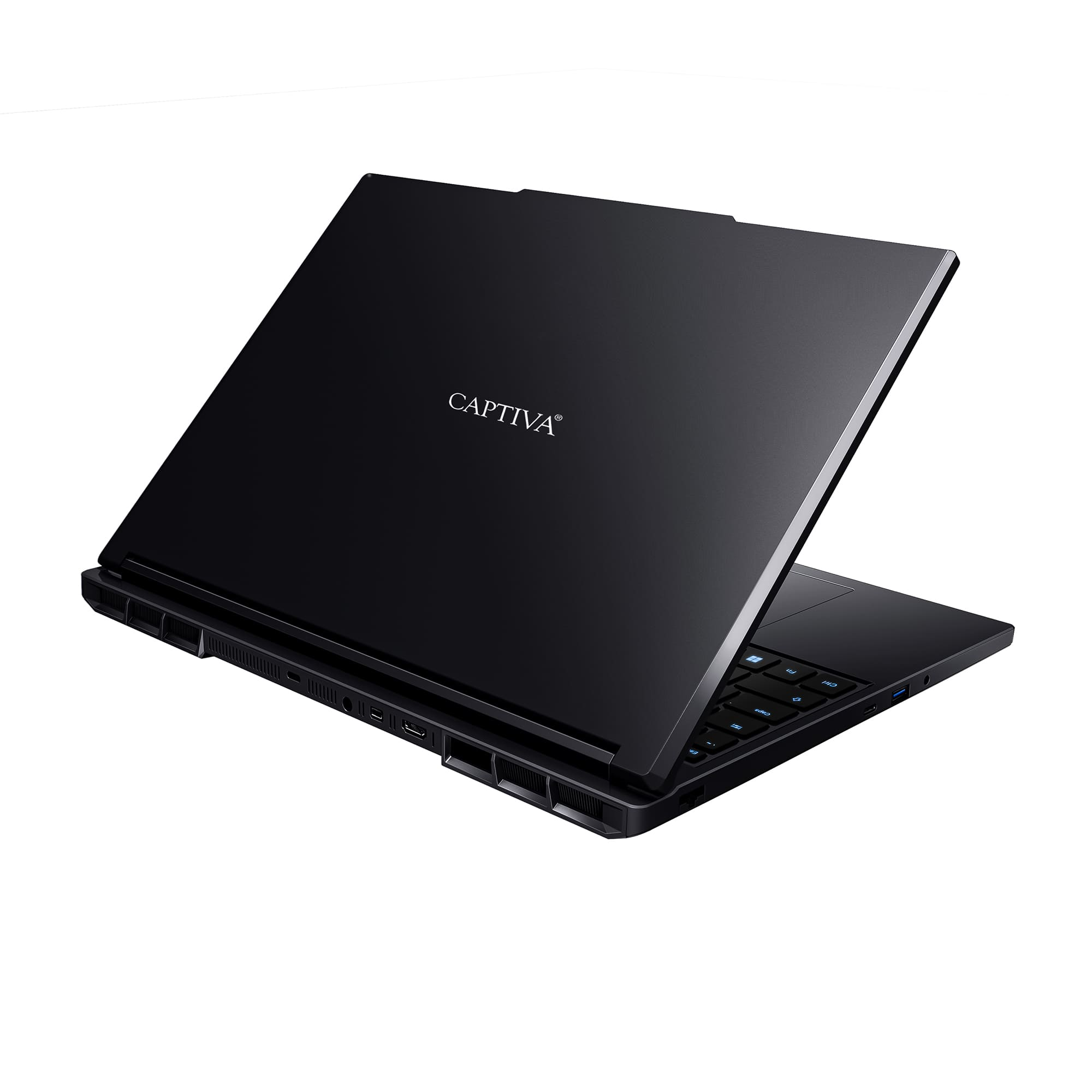 Czarny laptop, lekko otwarty, widoczna klawiatura, widoczna marka 'CAPTIVA'.