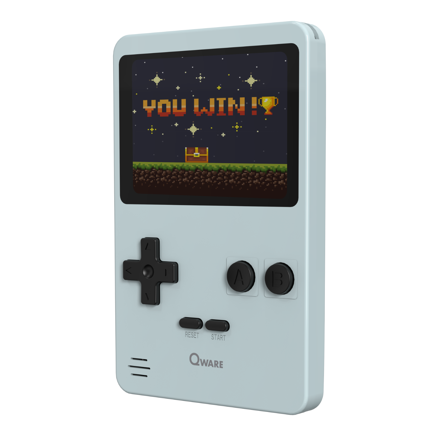 Eine hellblaue Handheld-Konsole, die ein pixeliges Spiel mit 'YOU WIN!' anzeigt.