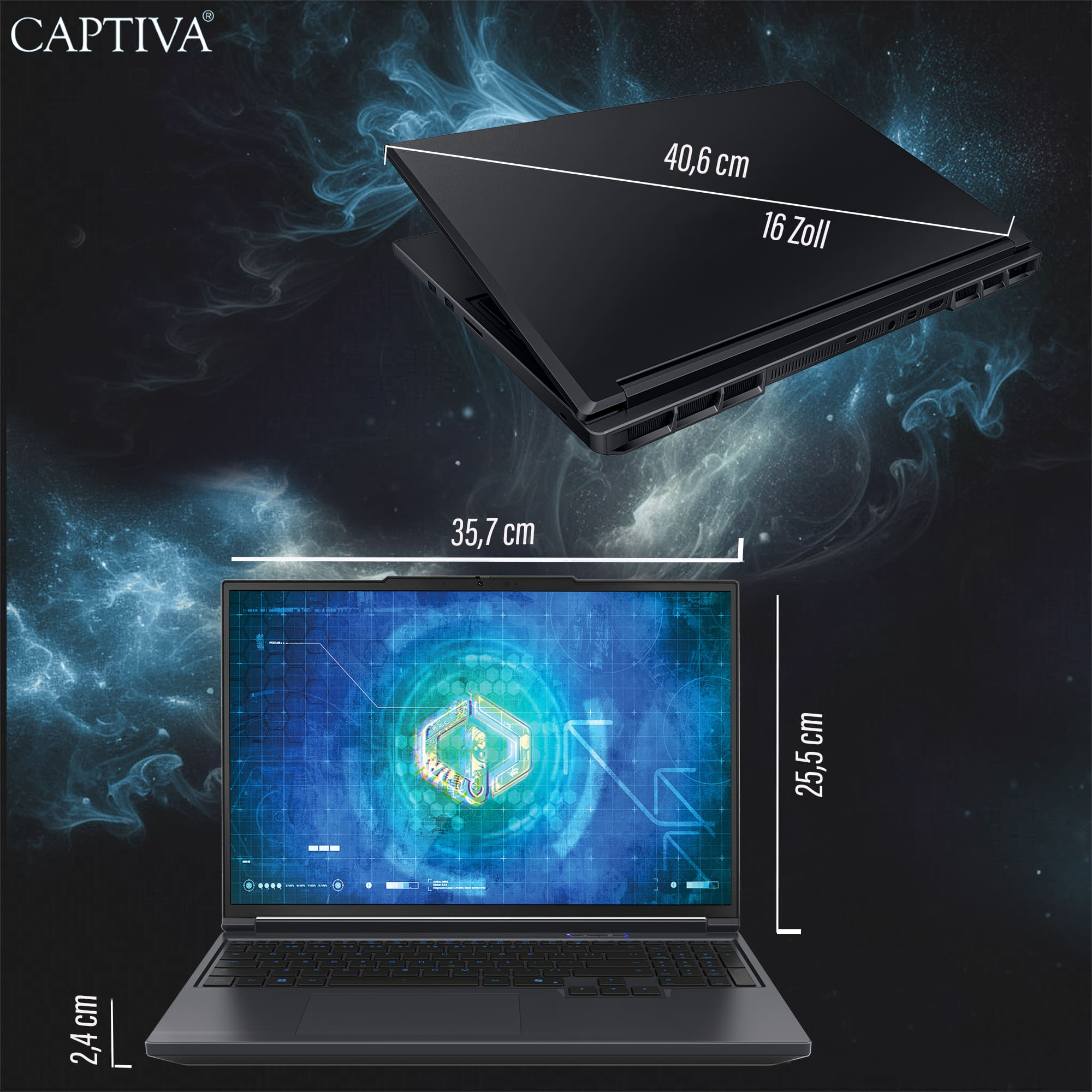 Otwarty laptop, pokazujący ekran i klawiaturę, ze wskazanymi wymiarami.