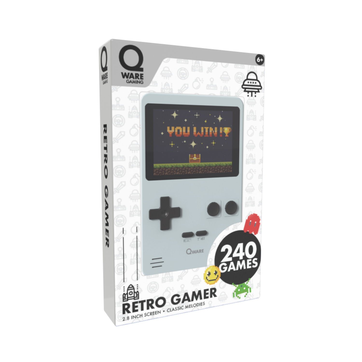Eine Retro-Handheld-Spielkonsole in ihrer Box, die den 'YOU WIN!'-Bildschirm zeigt.