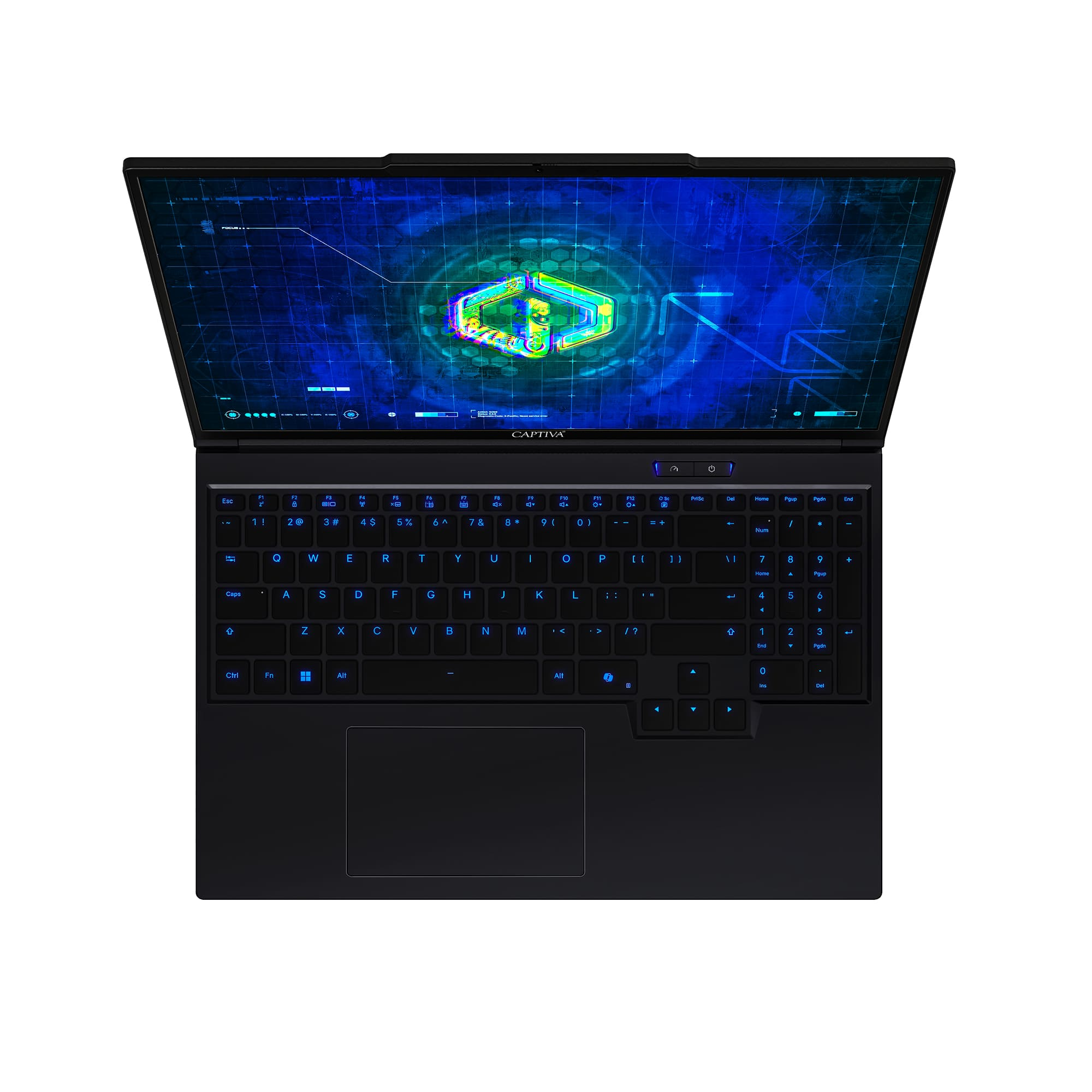 Laptop z podświetlaną klawiaturą, otwarty na białej powierzchni. Ekran pokazuje niebieski i zielony abstrakcyjny wzór.
