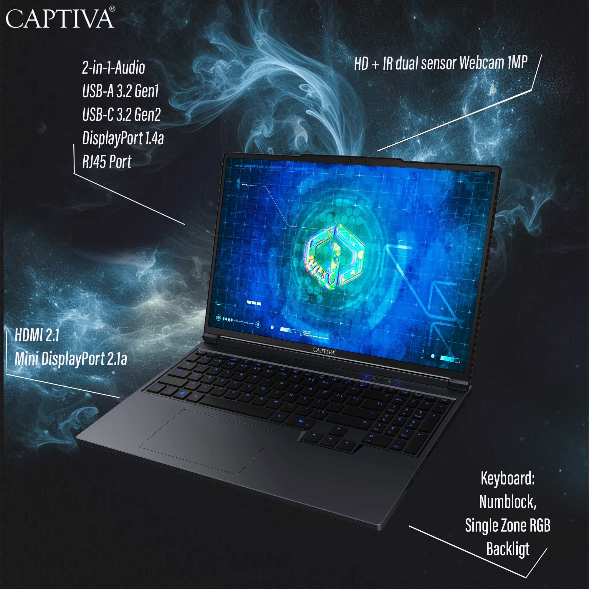 Czarny laptop, pokazujący klawiaturę i ekran, marka 'CAPTIVA', białe tło.