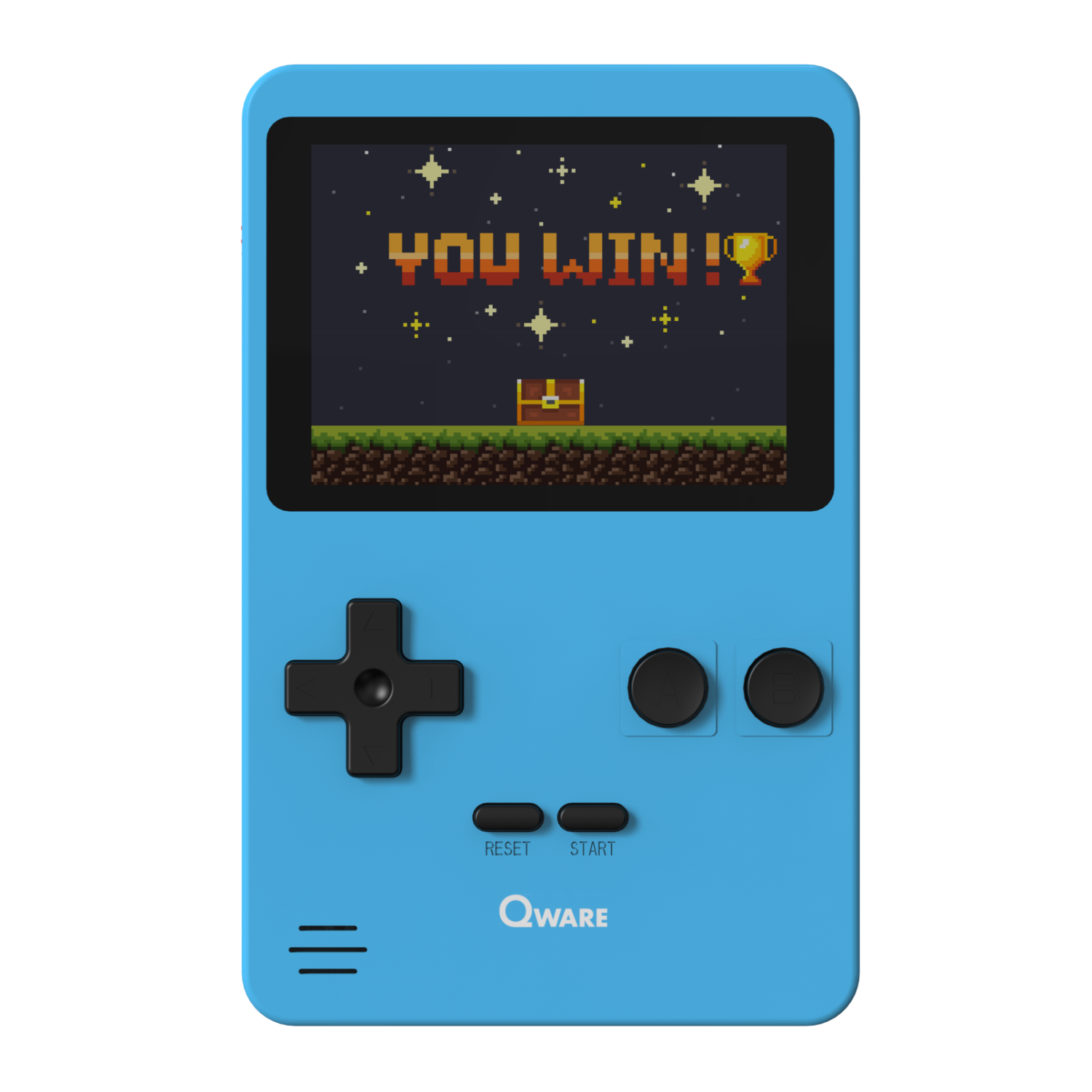 Blaue Retro-Spielkonsole mit einem Spielbildschirm, der 'YOU WIN!' mit einer verpixelten Landschaft und einer Trophäe zeigt.