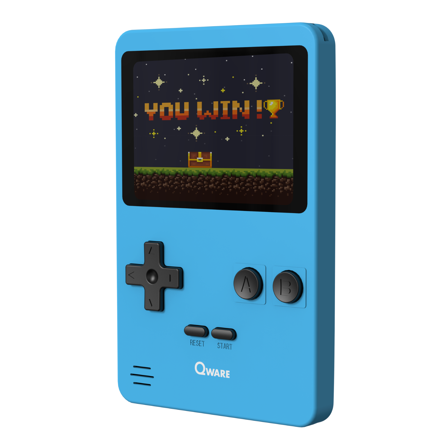 Blaue Handheld-Spielkonsole mit 'YOU WIN!'-Bildschirm. Schwarze Bedienelemente und Tasten auf schwarzem Hintergrund.