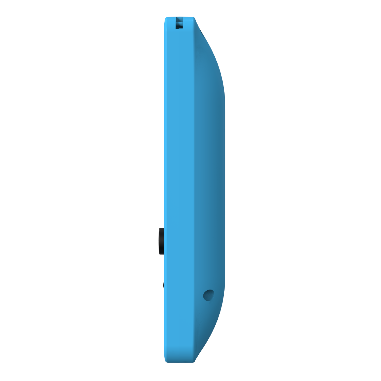 Seitenansicht eines hellblauen Geräts mit schwarzem Knopf und kleinem Loch. Schwarzer Hintergrund.