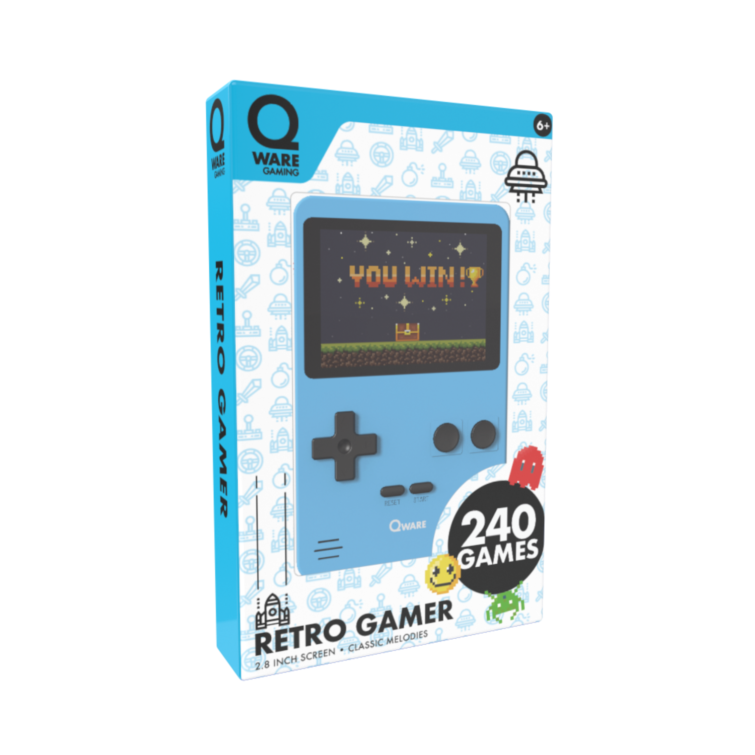 Box mit einem blauen Retro Gamer. Ein Spielbildschirm zeigt ein Spiel mit einer verpixelten Landschaft und den Worten 'YOU WIN!'.