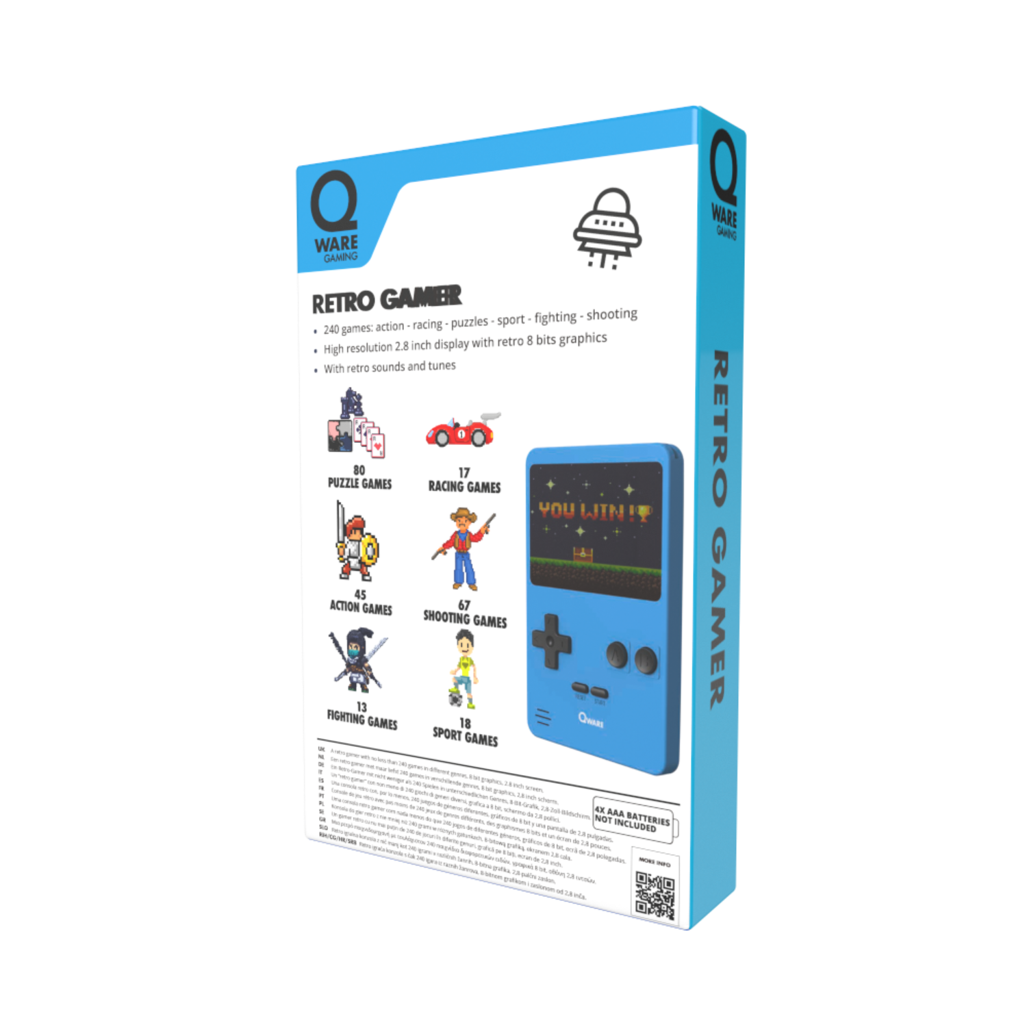 Schachtel mit einem blauen Retro-Gamer, mit einem Spielbildschirm, der das Spiel zeigt. Es hat Spieltypen und Funktionen aufgelistet.