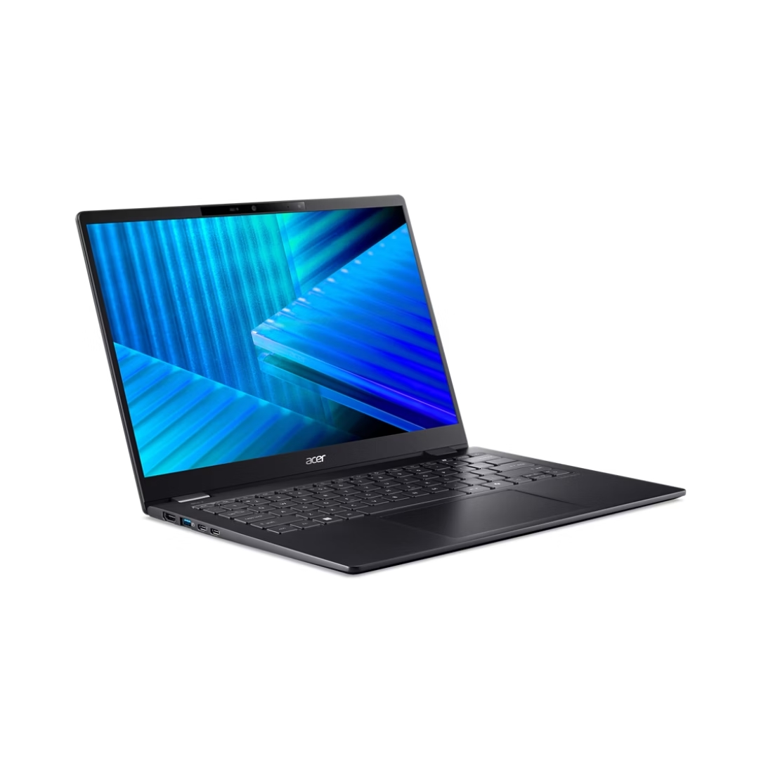 Laptop nero aperto su sfondo bianco. Lo schermo mostra un motivo blu. Il logo Acer è visibile.