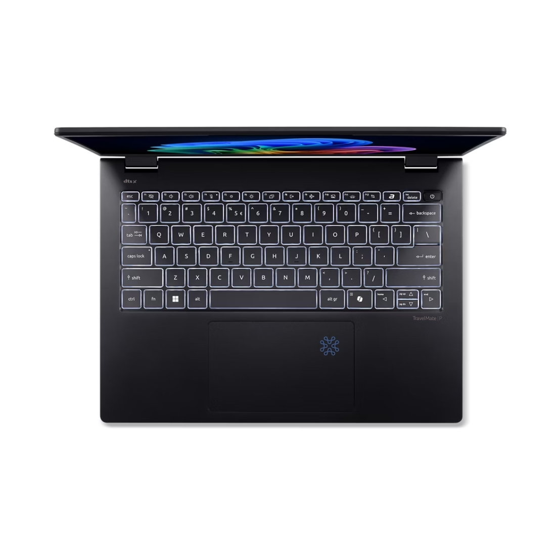 Vista dall'alto di un laptop nero con tastiera illuminata. Lo schermo è spento. Il logo Acer è visibile.