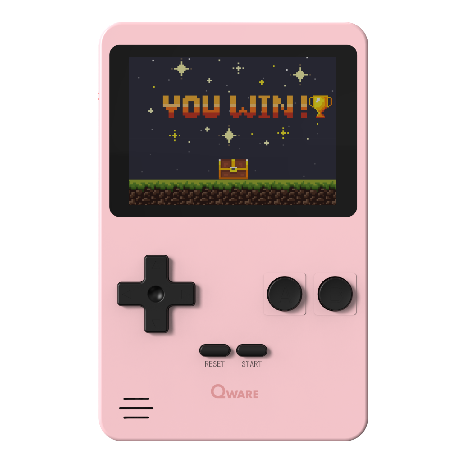 Rosa Retro-Spielkonsole mit einem Spielbildschirm, der 'YOU WIN!' mit einer verpixelten Landschaft und einer Trophäe zeigt.