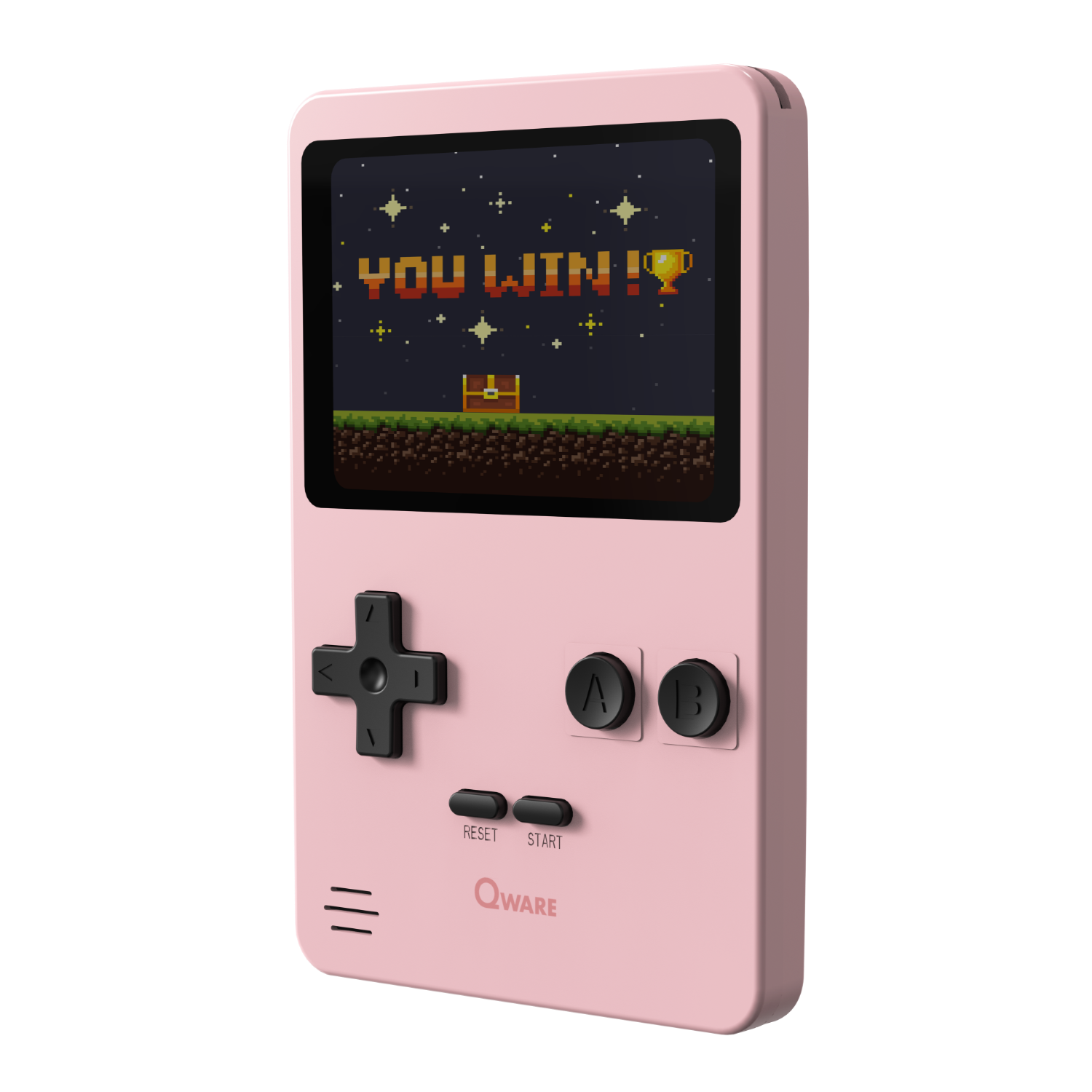 Rosa Handheld-Gaming-Gerät, zeigt einen pixeligen 'You Win!'-Bildschirm in einer pixeligen Spielwelt.