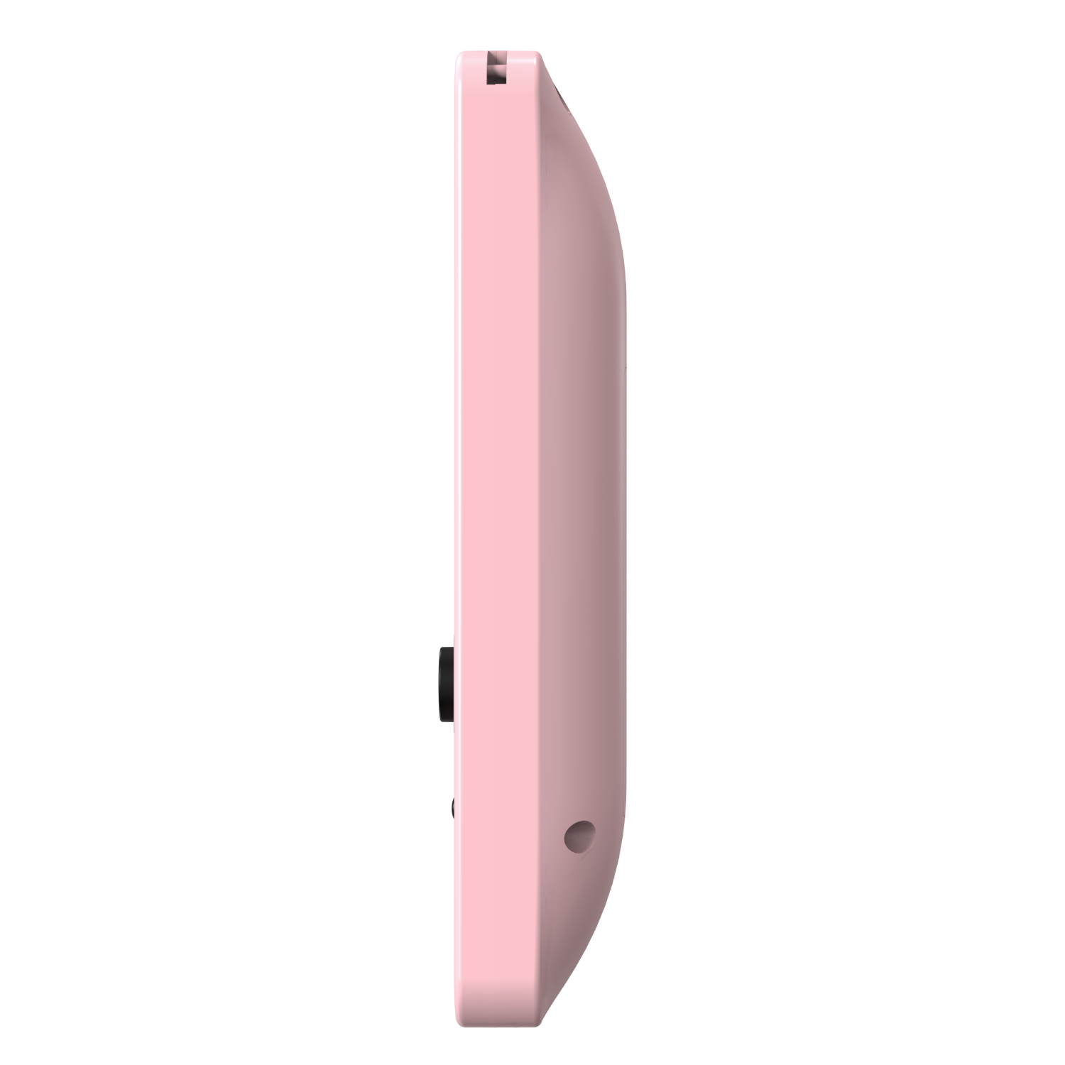 Seitenansicht eines rosa Geräts mit schwarzem Knopf und kleinem Loch. Schwarzer Hintergrund.