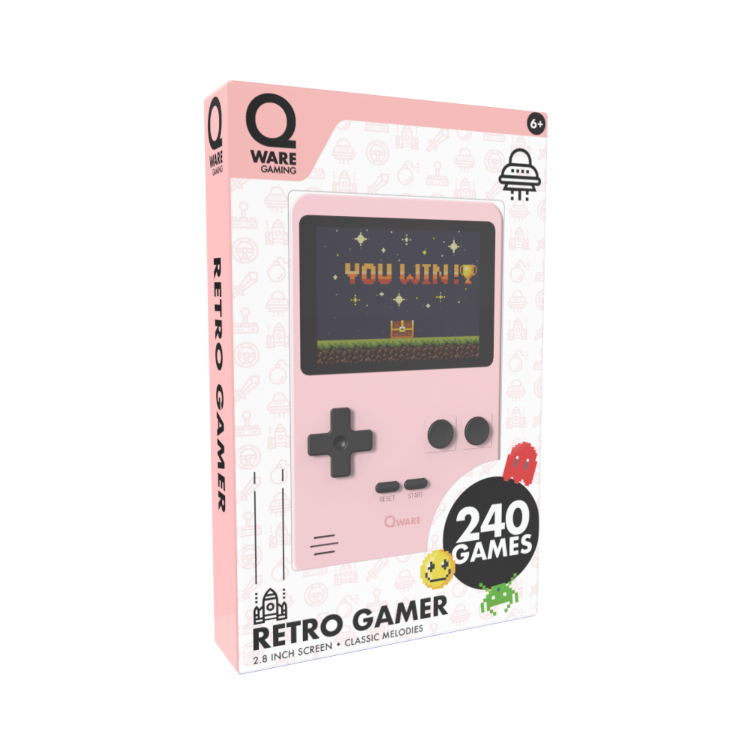 Rosa Retro-Spielkonsolenbox. Der Bildschirm zeigt ein Spiel. Text sagt 'YOU WIN!'. '240 Spiele' sind ebenfalls sichtbar.