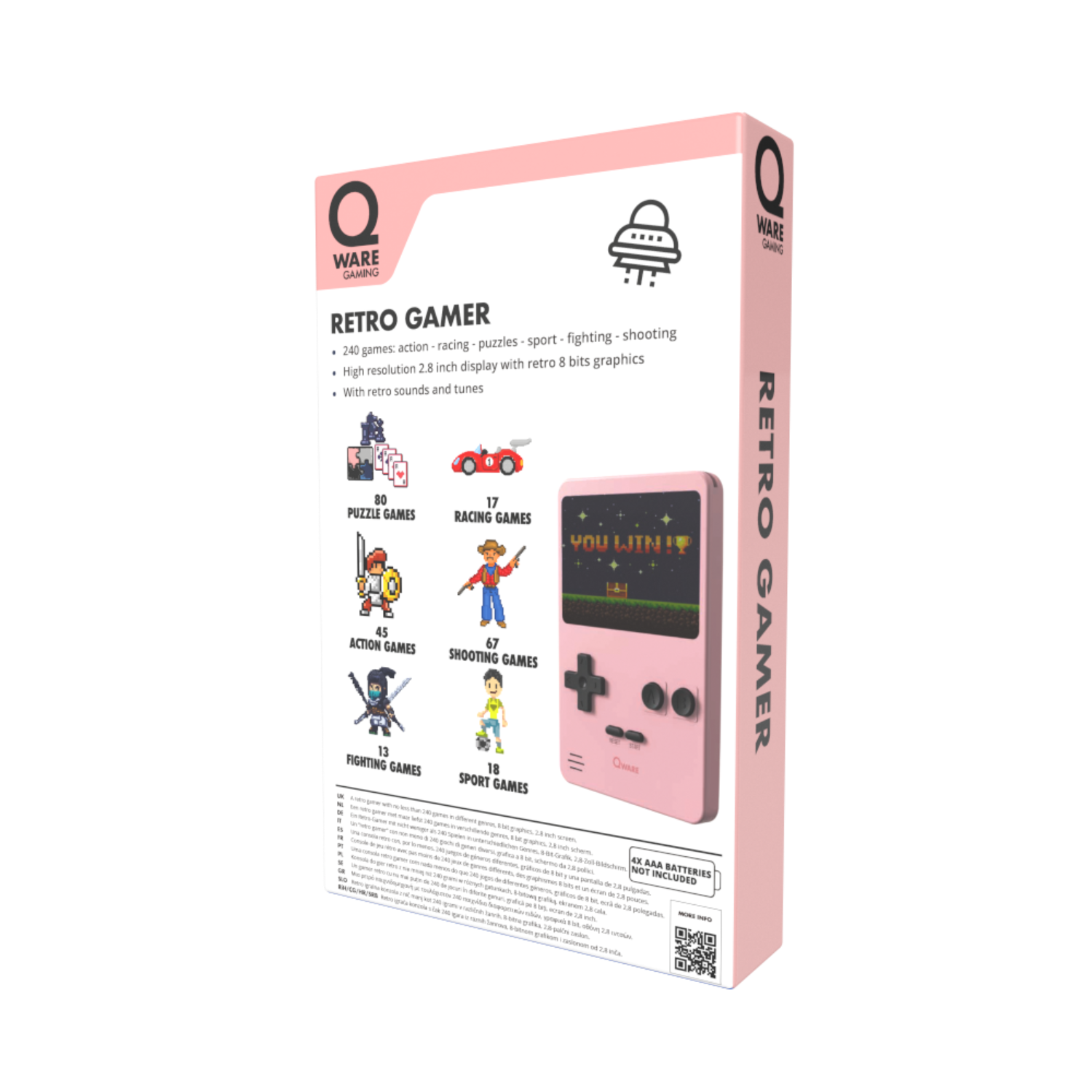 Eine rosa Box einer Spielkonsole mit der Konsole und ihren Haupteigenschaften.