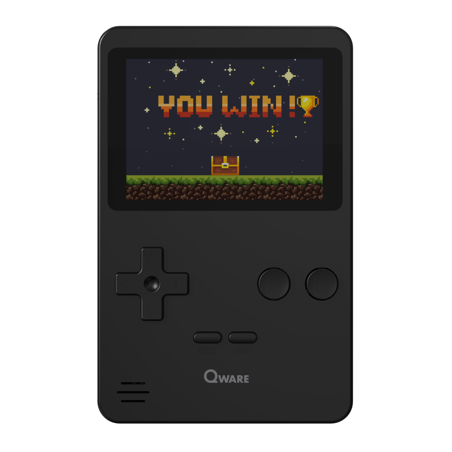 Schwarzes Handheld-Gaming-Gerät, zeigt einen pixeligen 'You Win!'-Bildschirm in einer pixeligen Spielwelt.