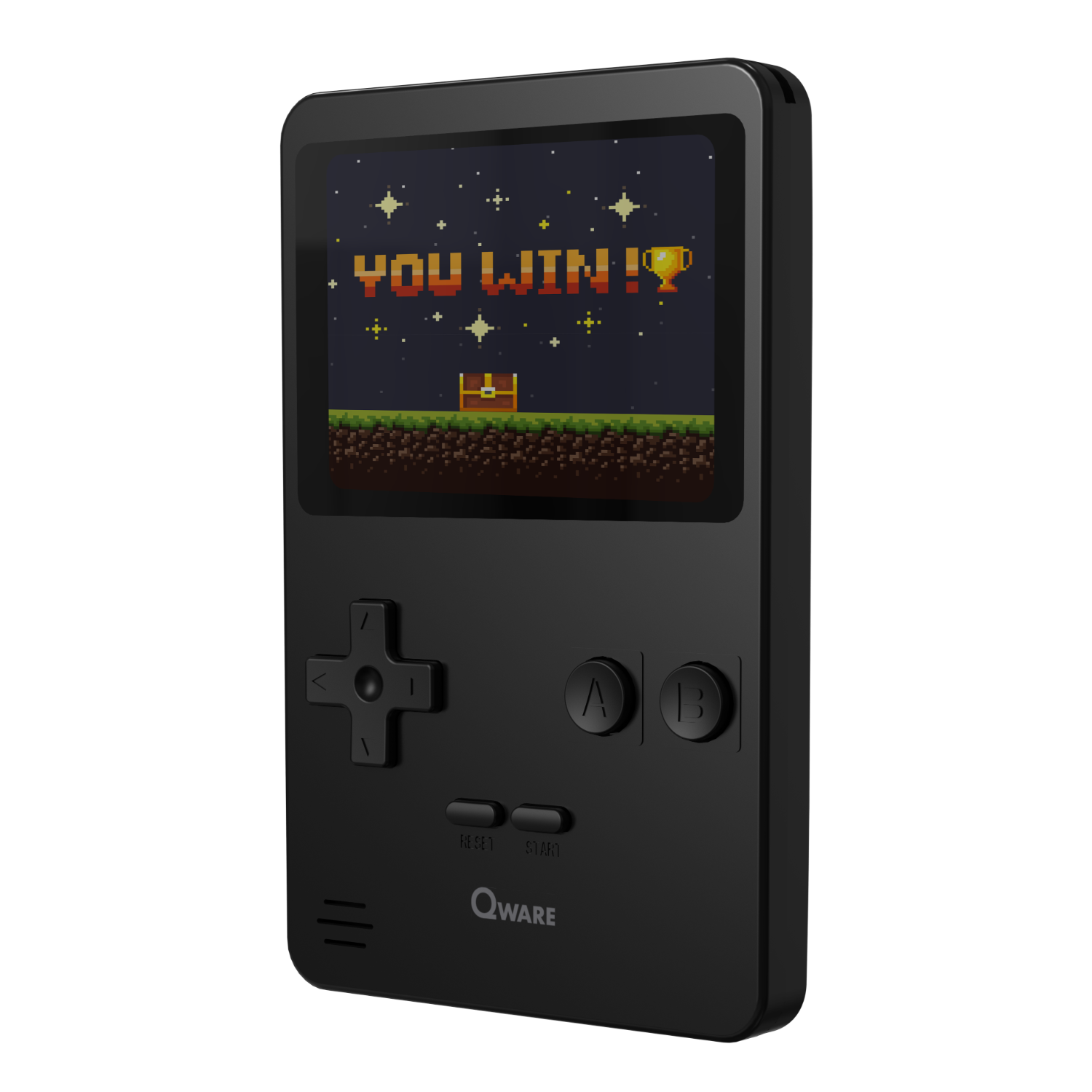 Schwarzes Handheld-Gaming-Gerät, zeigt einen pixeligen 'You Win!'-Bildschirm in einer pixeligen Spielwelt.