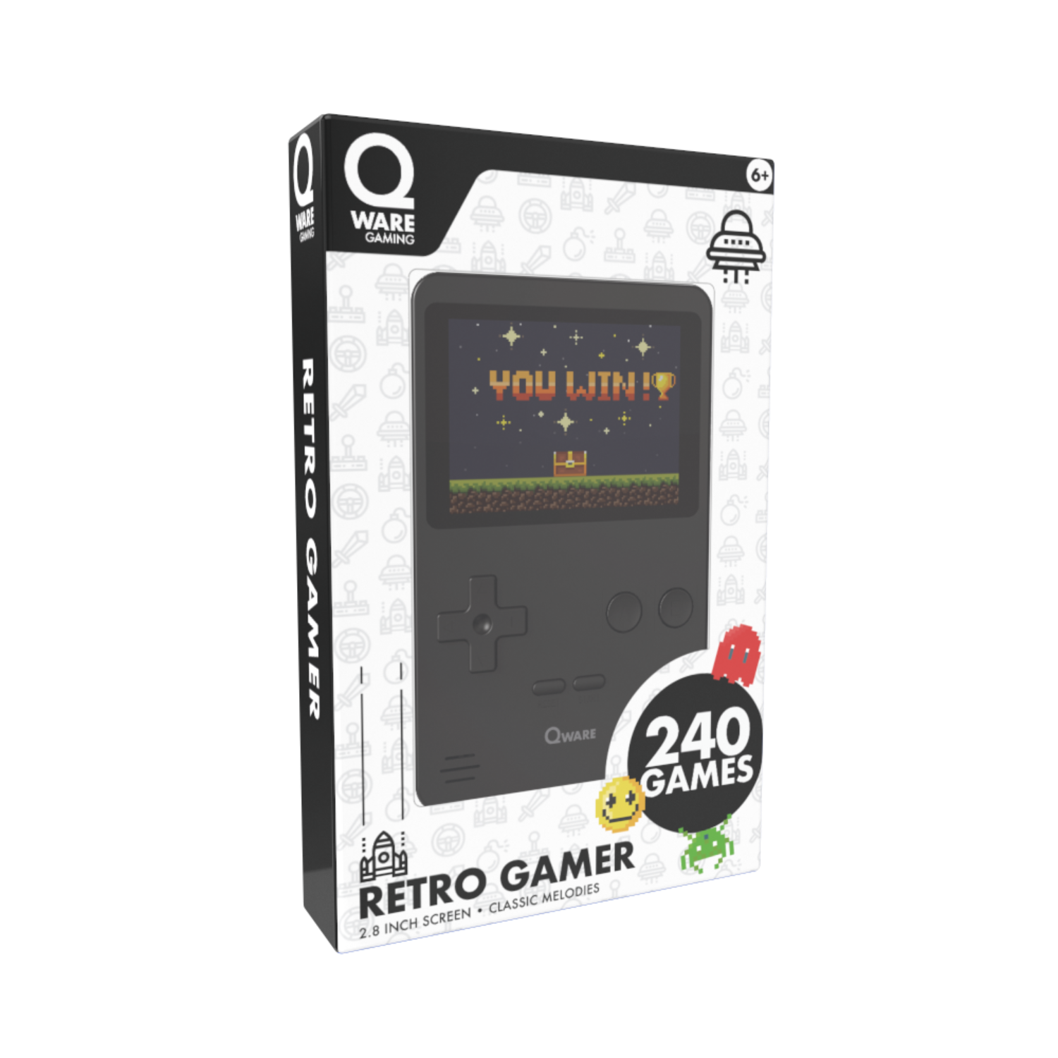 Box für eine Retro-Gamer-Konsole, mit der Konsole, einem pixeligen Spiel und einem 'You Win!'-Bildschirm.