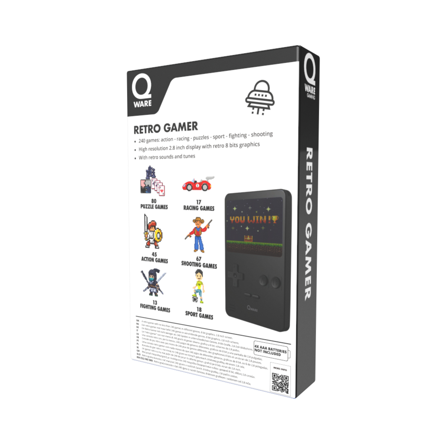 Box einer Spielkonsole mit ihren Haupteigenschaften. Sie zeigt die Konsole und Spielinformationen.