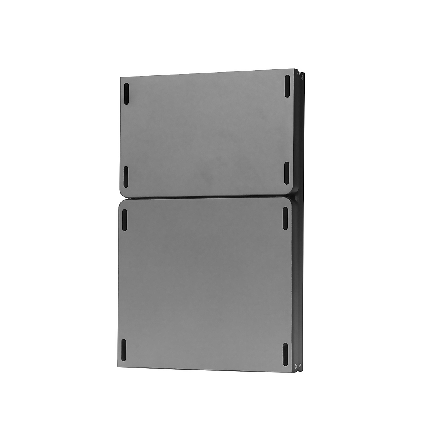 Dos paneles rectangulares grises. Pequeñas líneas negras en los bordes. Conectores negros laterales.