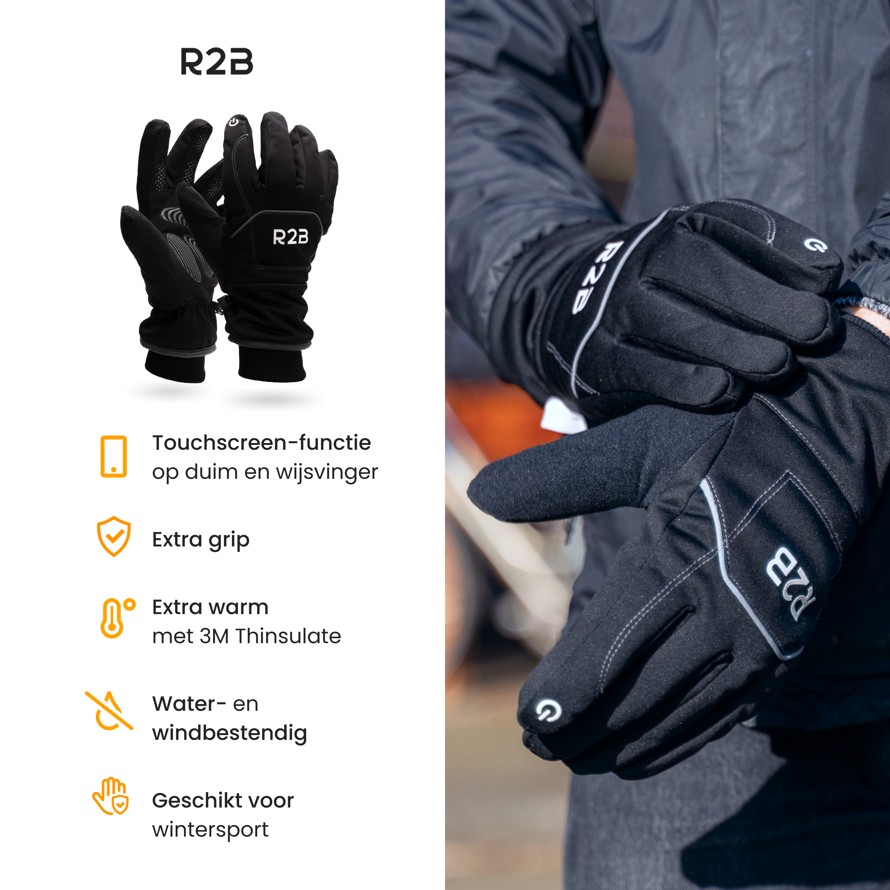 Gants R2B noirs avec détails blancs, icônes indiquant écran tactile, adhérence, chaleur et étanchéité.
