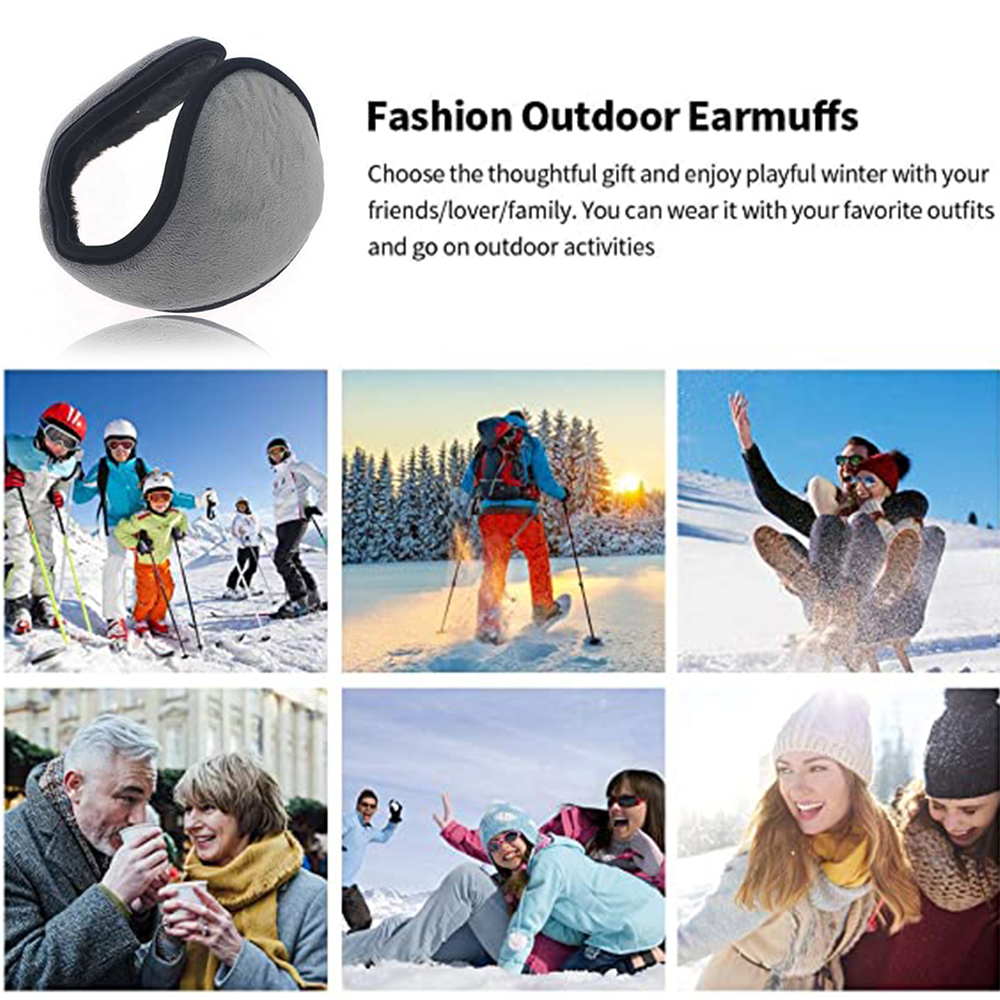 Ohrenschützer und sechs Bilder von Menschen im Winter. Skifahrer, Wanderer, Paare und Menschen, die Winteraktivitäten genießen.